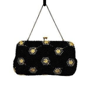 Lumured Corde Bead 50’s Black/Gold Floral Embroidered Rhinestone Evening Bag